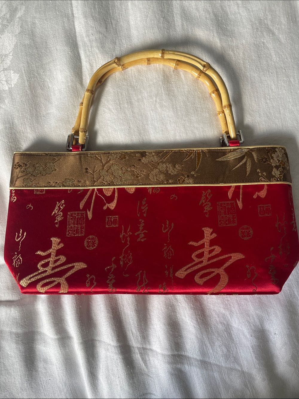 Red and Gold Satin Bamboo-Handle Evening Bag